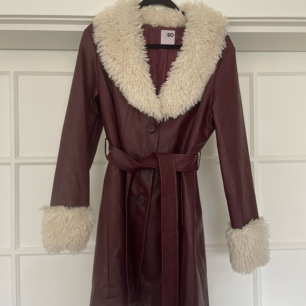 SO Burgundy and Cream Faux Leather Penny Lane Jacket with Faux Fur Collar